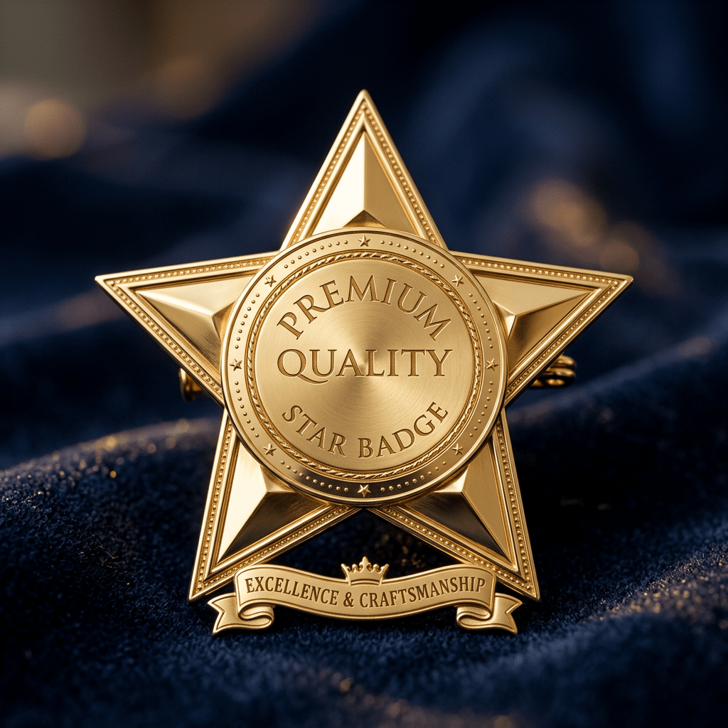 Gold star-shaped badge with engraved text 'Premium Quality Star Badge' and 'Excellence & Craftsmanship'