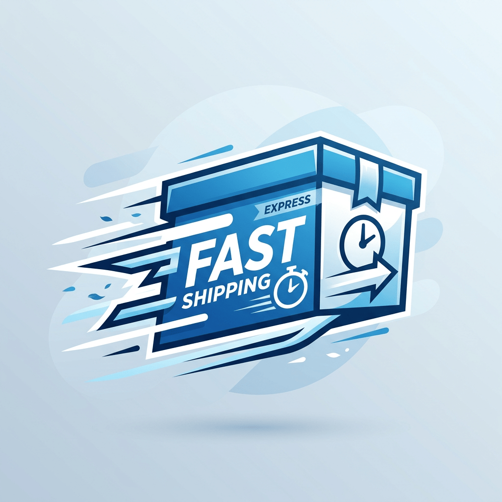 Blue package with text fast shipping, express, and a clock icon symbolizing fast delivery